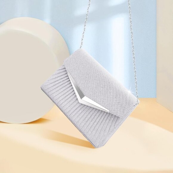 Women's Silver 2 Clutch Purses Sparkling Envelope Evening Bag Detachable Chain - Picture 2 of 7